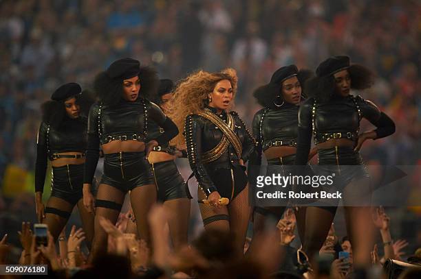 Super Bowl 50: Celebrity singer Beyonce performing during halftime show of Denver Broncos vs Carolina Panthers game at Levi's Stadium. Santa Clara,...