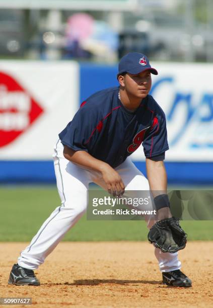 Jhonny Peralta of the Cleveland Indians gets ready at third base during the game against the Houston Astros on March 5, 2004 at Chain 'o Lakes Field...