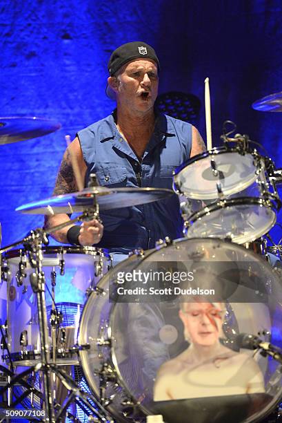 Drummer Chad Smith of the Red Hot Chili Peppers performs onstage during the "Feel the Bern" fundraiser for Presidential candidate Bernie Sanders at...