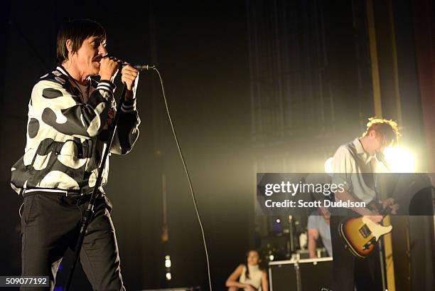 Musicians Anthony Kiedis and Josh Klinghoffer of the Red Hot Chili Peppers perform onstage during the "Feel the Bern" fundraiser for Presidential...