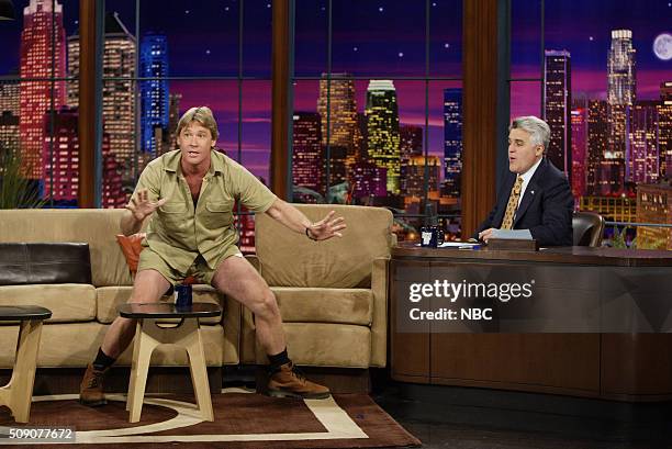 Episode 2879 -- Pictured: Wildlife expert Steve Irwin during an interview with host Jay Leno on February 18, 2005 --