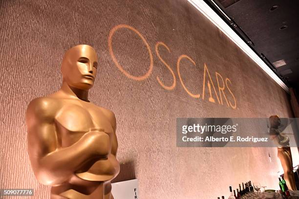 View of the Oscars logo at the 88th Annual Academy Awards nominee luncheon on February 8, 2016 in Beverly Hills, California.