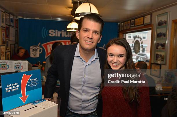 Donald Trump, Jr. Meets diners at the SiriusXM Broadcasts' New Hampshire Primary Coverage Live From Iconic Red Arrow Diner on February 8, 2016 in...