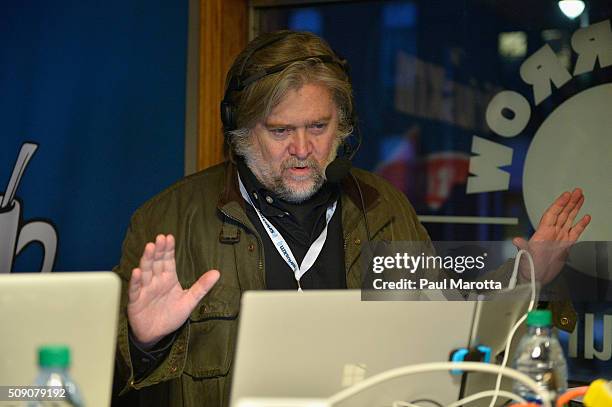 Breitbart News Daily host Stephen K. Bannon live on air at SiriusXM Broadcasts' New Hampshire Primary Coverage Live From Iconic Red Arrow Diner on...