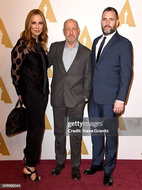 Producers Mary Parent, Steve Golin and Keith Redmon attend the 88th Annual Academy Awards nominee luncheon on February 8, 2016 in Beverly Hills,...