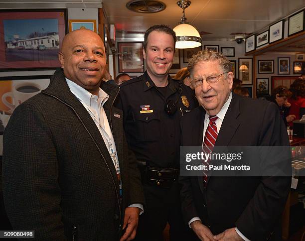 David Webb, Manchester Police Sergeant Robert Keating and former New Hampshire Governor John Sununu attend the SiriusXM Broadcasts' New Hampshire...