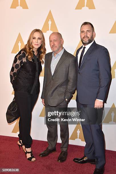 Producers Mary Parent, Steve Golin and Keith Redmon attend the 88th Annual Academy Awards nominee luncheon on February 8, 2016 in Beverly Hills,...