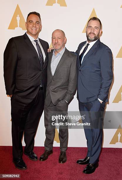 Producers Michael Sugar, Steve Golin and Keith Redmon attend the 88th Annual Academy Awards nominee luncheon on February 8, 2016 in Beverly Hills,...