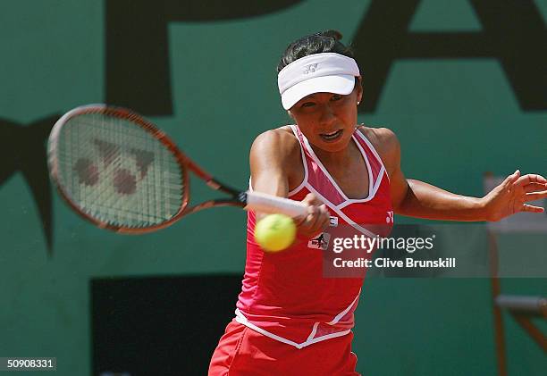 Shinobu Asagoe of Japan plays a return during her third round match against Gisela Dulko of Argentina during Day Six of the 2004 French Open Tennis...