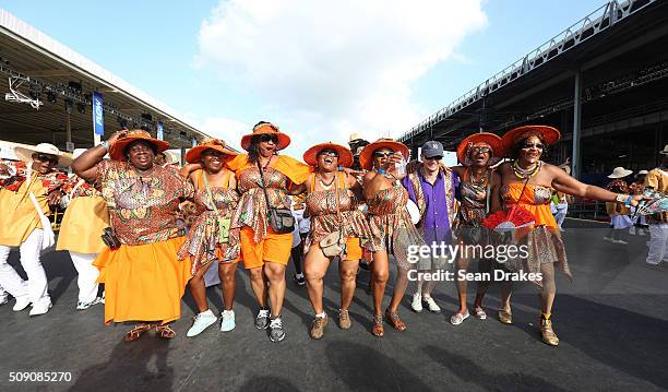 Members of the band 'Ship Ahoy Africa' presented by Trinidad All Stars Steel Orchestra perform during the Parade of Bands in the Queen's Park...