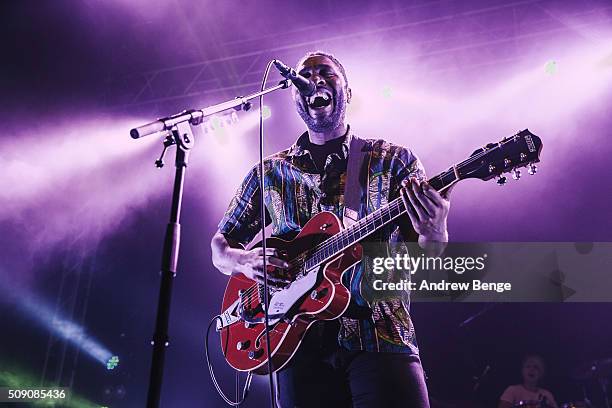 Kele Okereke of Bloc Party performs on stage at O2 Academy Leeds on February 8, 2016 in Leeds, England.