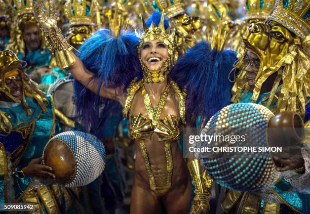 Sabrina Sato of Vila Isabel samba school performs during the second night of the carnival parade at the Sambadrome in Rio de Janeiro on february 08...