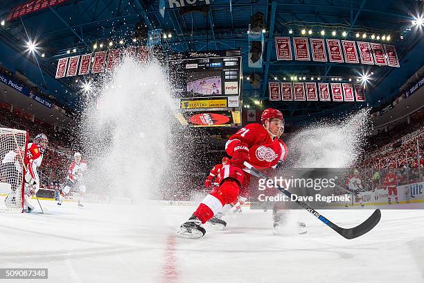 Dylan Larkin of the Detroit Red Wings stops and follows the play during an NHL game against the Florida Panthers at Joe Louis Arena on February 8,...