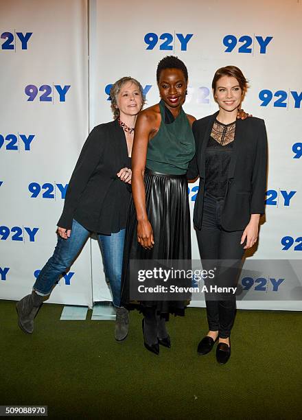 Actors Melissa McBride, Danai Gurira and Lauren Cohan attends "The Walking Dead" screening and conversation at 92nd Street Y on February 8, 2016 in...