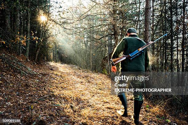 hunter with rifle in the woods - scout association stock pictures, royalty-free photos & images