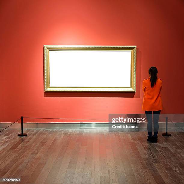 young woman looking at artwork - museum stockfoto's en -beelden