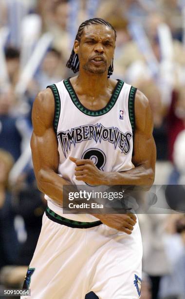 Latrell Sprewell of the Minnesota Timberwolves celebrates in Game Five of the Western Conference Finals against the Los Angeles Lakers during the...