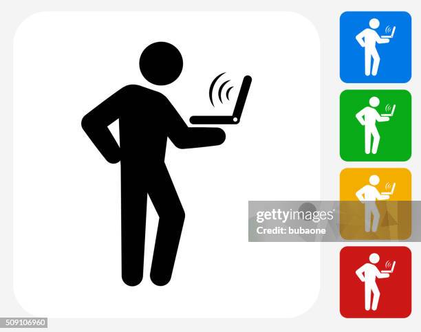 man using laptop icon flat graphic design - typing on computer isolated stock illustrations