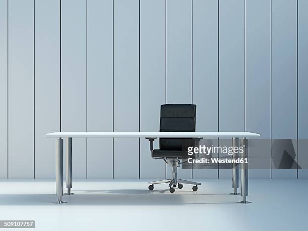 office chair and conference table in front of grey wall panel, 3d rendering - büro stock-grafiken, -clipart, -cartoons und -symbole