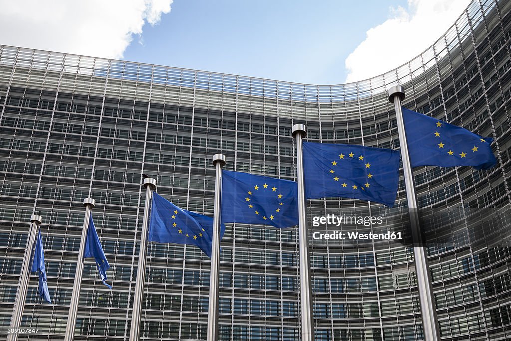 Belgium, Brussels, European Commission, European flags at Berlaymont building