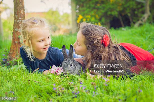 two little girls with rabbit lying on meadow - adorno floral fotografías e imágenes de stock
