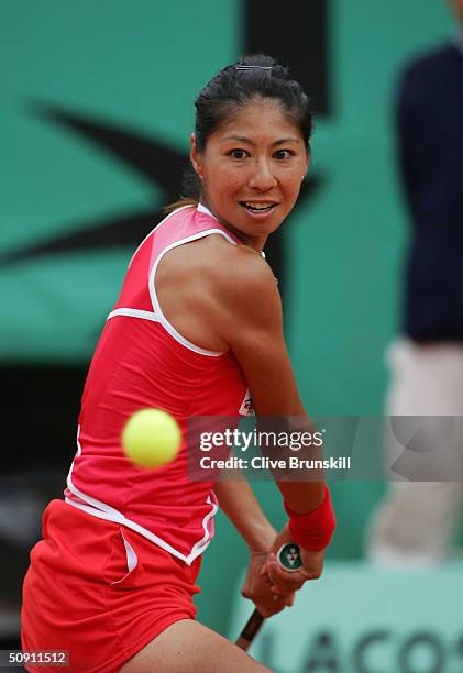 Shinobu Asagoe of Japan hits a return in her fourth round match against Serena Williams of the USA during Day Seven of the 2004 French Open Tennis...