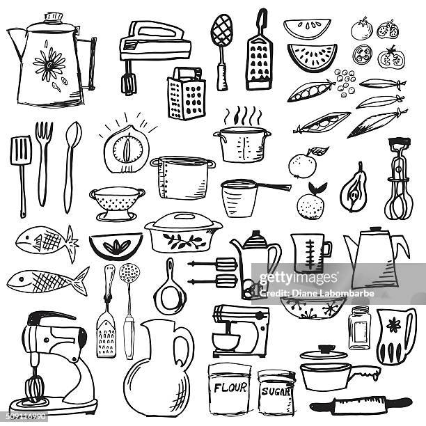 bildbanksillustrationer, clip art samt tecknat material och ikoner med retro doodled kitchen gadgets and cookware - kökstillbehör