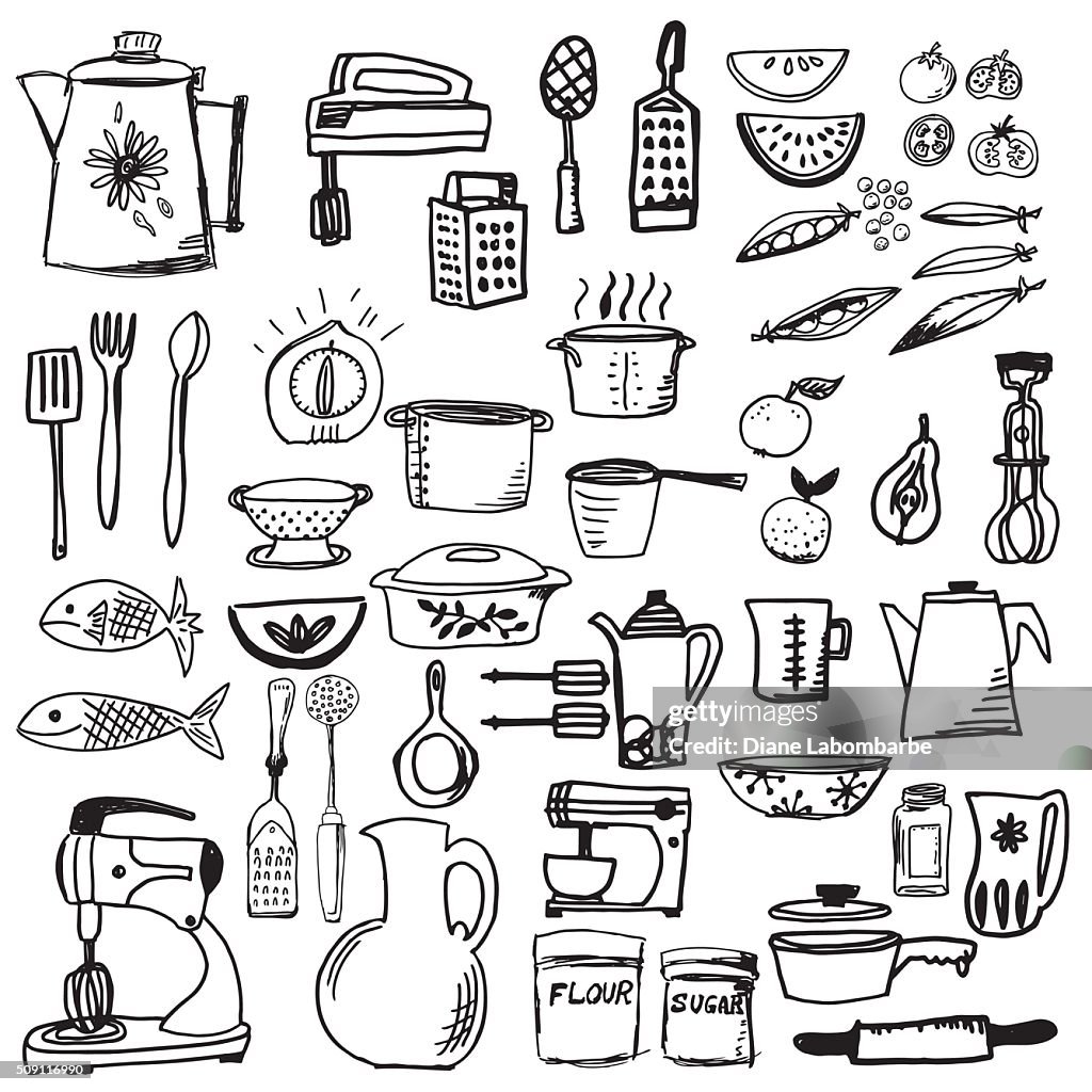 Retro Doodled Kitchen Gadgets and Cookware