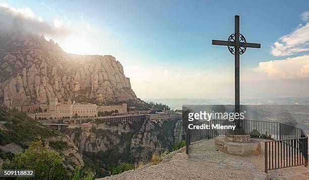 sunset montserrat monastery catalonia christian cross - catalonia stock pictures, royalty-free photos & images