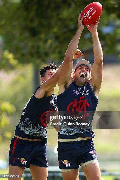 Chris Dawes of the Demons marks infront of Sam Weideman during a Melbourne Demons AFL pre-season training session at Gosch's Paddock on February 9,...