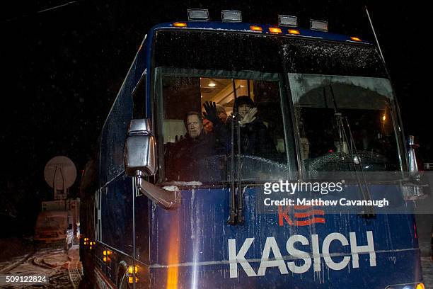 Republican presidential candidate, Ohio Gov. John Kasich arrives on his campaign bus with his wife Karen Waldbillig Kasich at an election eve rally...