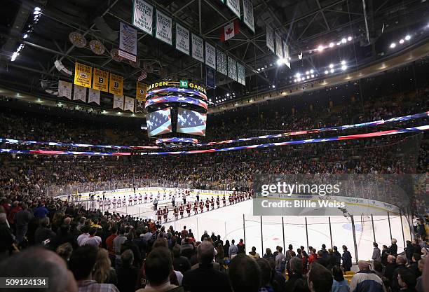 The starting lineups of Boston College and Boston University during the Beanpot Tournament championship game at TD Garden on February 8, 2016 in...