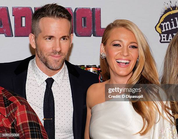 Ryan Reynolds and Blake Lively attend the "Deadpool" fan event at AMC Empire Theatre on February 8, 2016 in New York City.