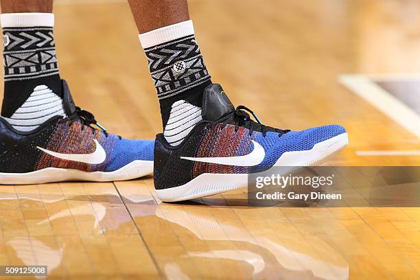 The shoes of Kobe Bryant of the Los Angeles Lakers are seen during the game against the Indiana Pacers on February 8, 2016 at Bankers Life Fieldhouse...