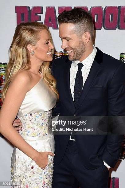 Actors Blake Lively and Ryan Reynolds attend the "Deadpool" fan event at AMC Empire Theatre on February 8, 2016 in New York City.