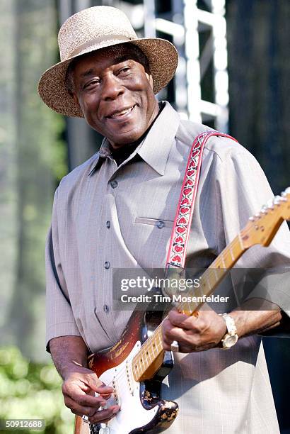 Buddy Guy performs with 'Double Trouble', backing group of the late guitarist Stevie Ray Vaughn, at the 12th Annual Santa Cruz Blues Festival on May...