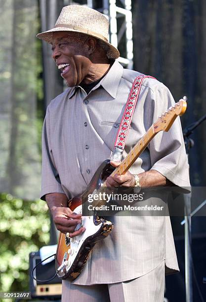 Buddy Guy performs with 'Double Trouble', backing group of the late guitarist Stevie Ray Vaughn, at the 12th Annual Santa Cruz Blues Festival on May...