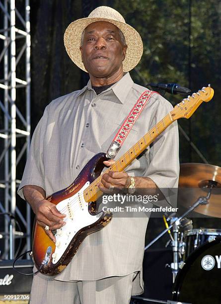 Buddy Guy performs with 'Double Trouble', backing group of the late guitarist Stevie Ray Vaughn, at the 12th Annual Santa Cruz Blues Festival on May...