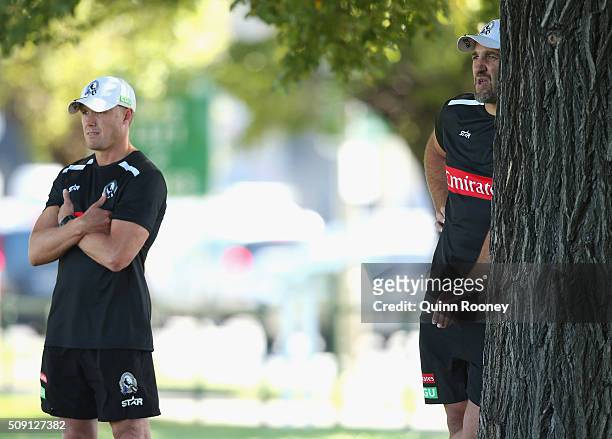 Collingwood assistant coaches Tarkyn Lockyer and Anthony Rocca watch on during a Melbourne Demons AFL pre-season training session at Gosch's Paddock...