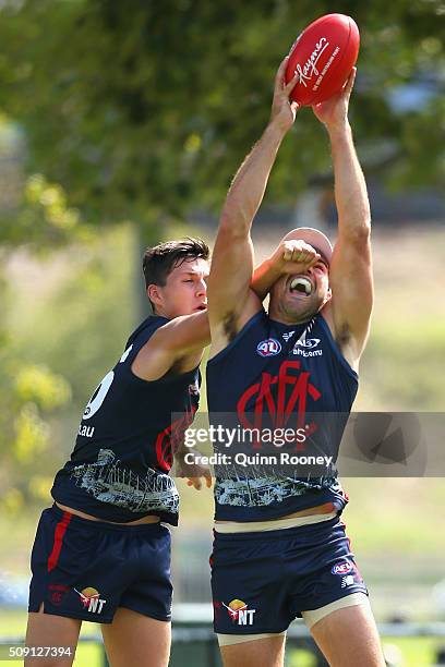 Chris Dawes of the Demons marks infront of Sam Weideman during a Melbourne Demons AFL pre-season training session at Gosch's Paddock on February 9,...