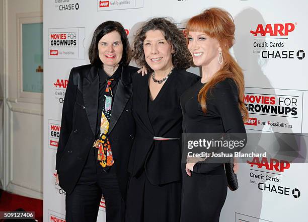 Actors Paula Poundstone, Lily Tomlin, and host Kathy Griffin attend AARP's 15th Annual Movies For Grownups Awards at the Beverly Wilshire Four...