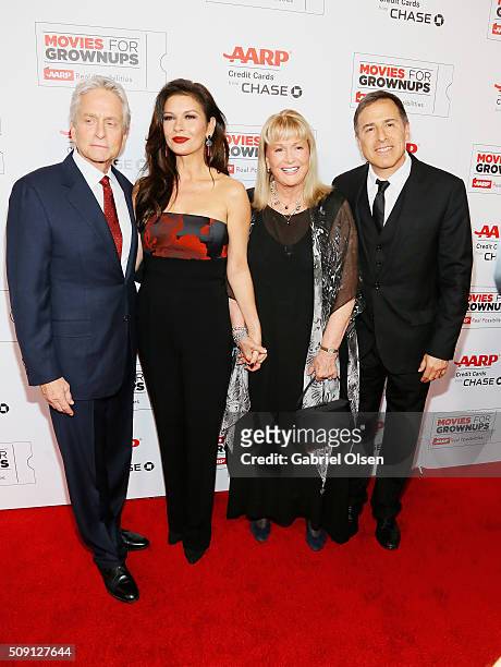 Actors Michael Douglas, Catherine Zeta-Jones, Diane Ladd and director David O. Russell attend AARP's Movie For GrownUps Awards at the Beverly...