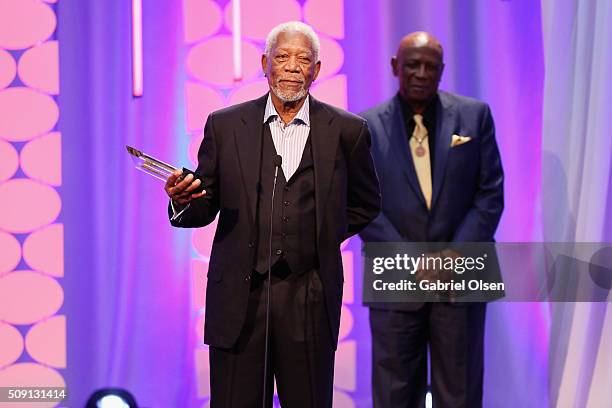 Actor Morgan Freeman accepts the Best Grownup Love Story award for '5 Flights Up' onstage at the AARP's 15th Annual Movies For Grownups Awards at the...