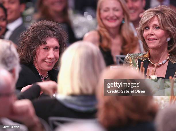 Actresses Lily Tomlin and Jane Fonda attend AARP's Movie For GrownUps Awards at the Beverly Wilshire Four Seasons Hotel on February 8, 2016 in...