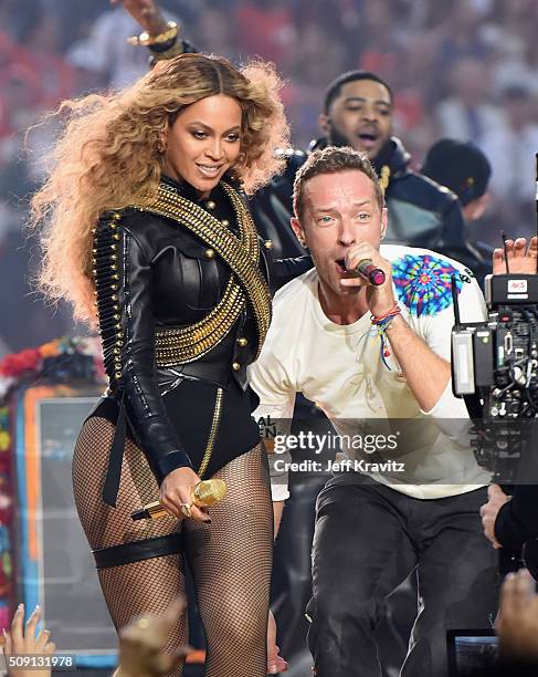 Beyonce and Chris Martin of Coldplay perform onstage during the Pepsi Super Bowl 50 Halftime Show at Levi's Stadium on February 7, 2016 in Santa...