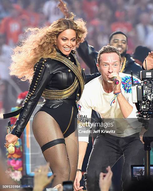 Beyonce and Chris Martin of Coldplay perform onstage during the Pepsi Super Bowl 50 Halftime Show at Levi's Stadium on February 7, 2016 in Santa...