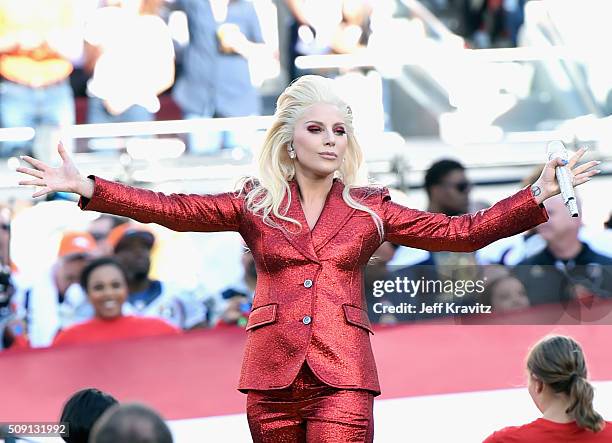 Lady Gaga sings the National Anthem at Super Bowl 50 at Levi's Stadium on February 7, 2016 in Santa Clara, California.