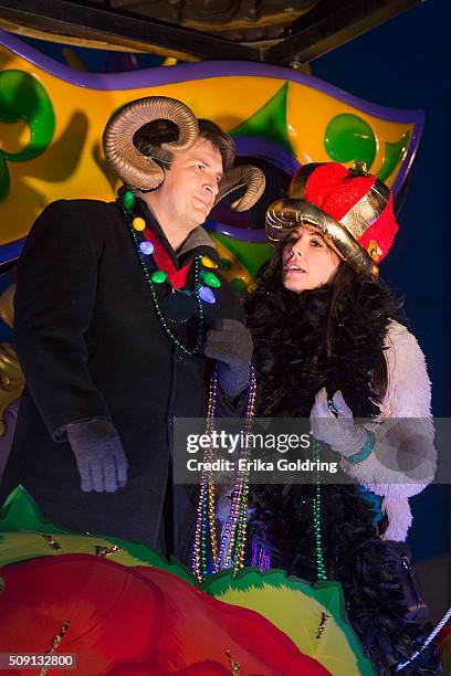 Actors Nathan Fillion and Krista Allen ride in the Krewe of Orpheus parade on February 8, 2016 in New Orleans, Louisiana.