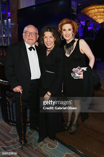 Actors Ed Asner, Lily Tomlin and Kat Kramer attend AARP's Movie For GrownUps Awards at the Beverly Wilshire Four Seasons Hotel on February 8, 2016 in...