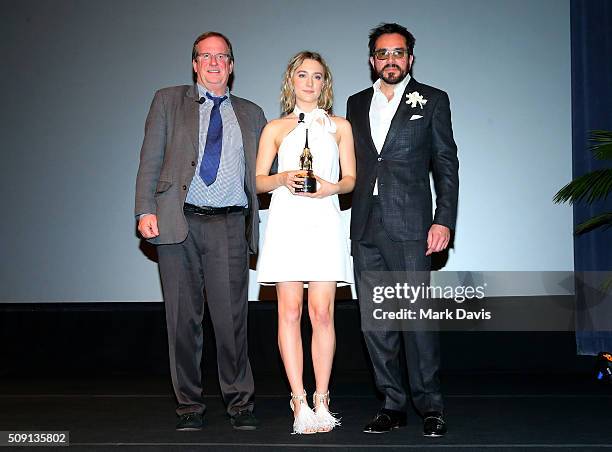 Moderator Pete Hammond, Actress Saoirse Ronan of "Brooklyn" and SBIFF Director Roger Durling attend the Outstanding Performer of the Year ceremony at...